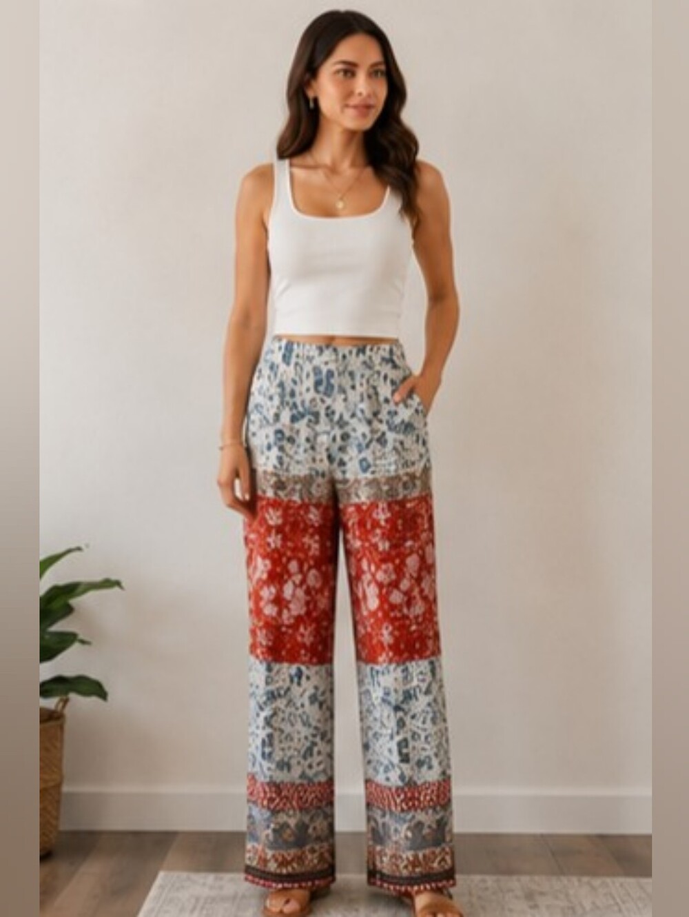 Zara Boho Straight Leg Palazzo Pants S Patchwork Floral Festival Coastal Flowy - Picture 13 of 13
